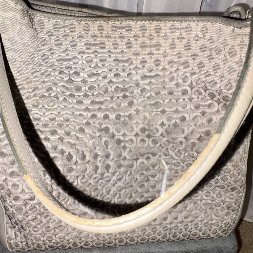 Coach Madison Signature Logo gray Shoulder Bag Leather Trim Pink Lining
